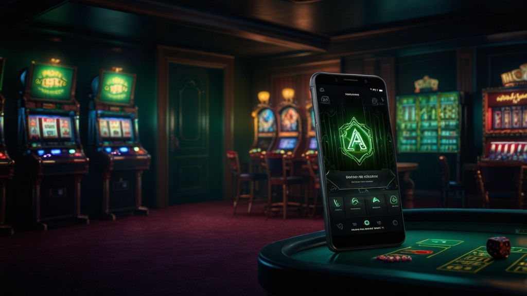 Telefono Android con schermata APK in un ambiente da casinò illuminato da neon