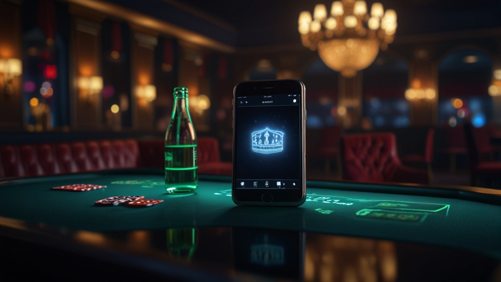 Smartphone in un casinò oscuro con icone di download e accesso all’app