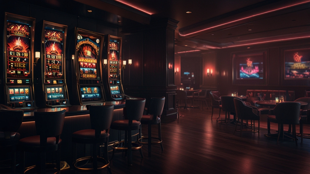 Mano con smartphone e menu mobile luminosi in un casinò scuro